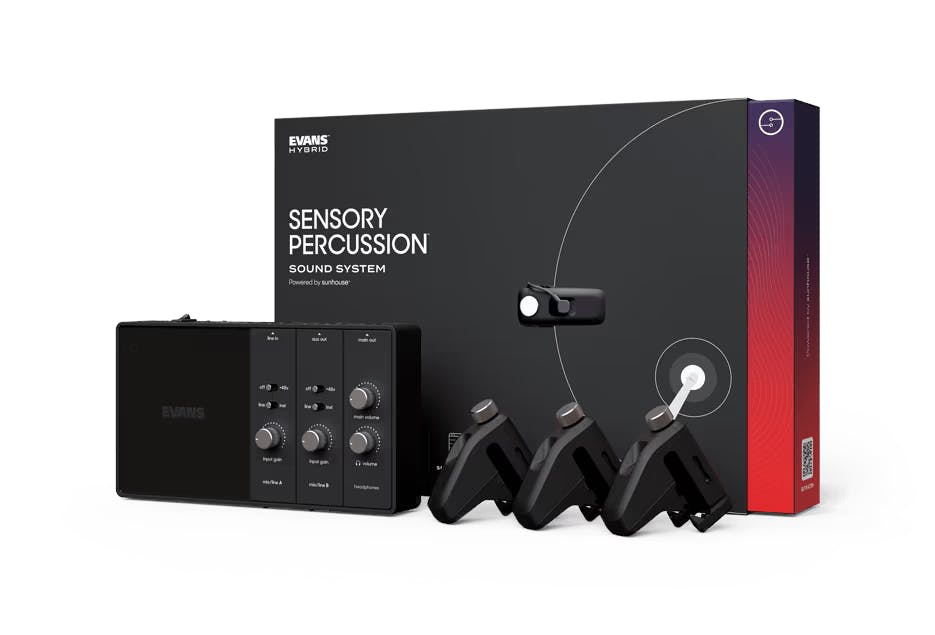 An image of the Sensory Percussion Sound System bundle with Portal Interface and 3 Drum Sensors